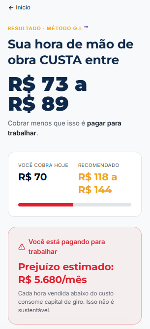 Tela de resultado da Calculadora de Hora Técnica mostrando faixa recomendada e prejuízo estimado